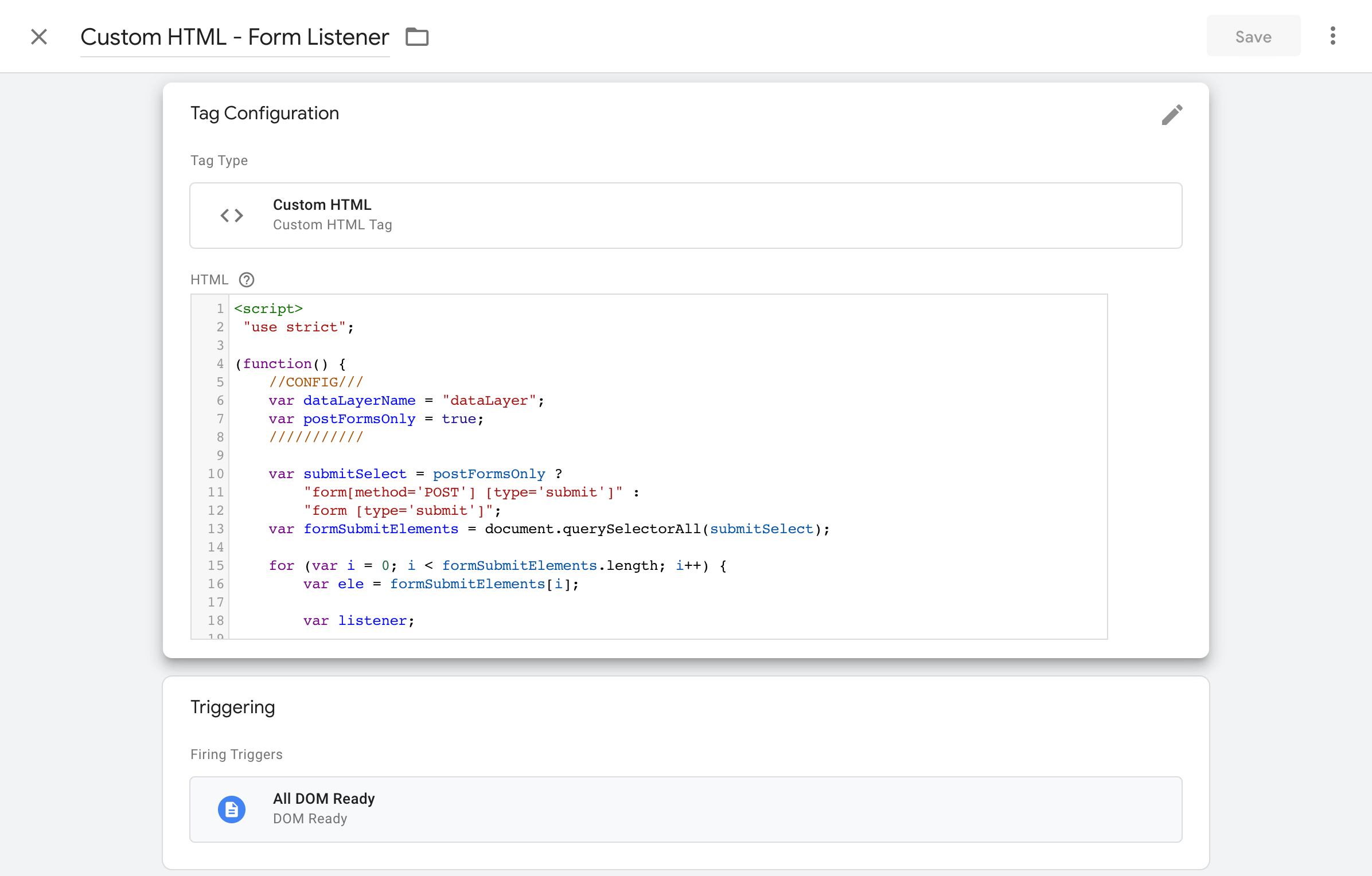 Form listener custom HTML tag with the DOM Ready trigger attached.