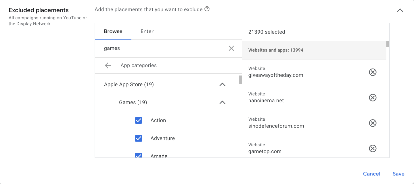 Excluding Apple App Store games in Content Exclusions.