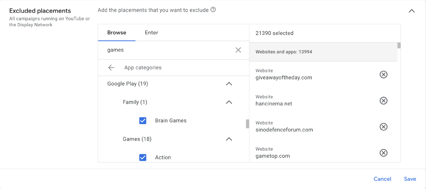 Excluding Google Play store games in Content Exclusions.