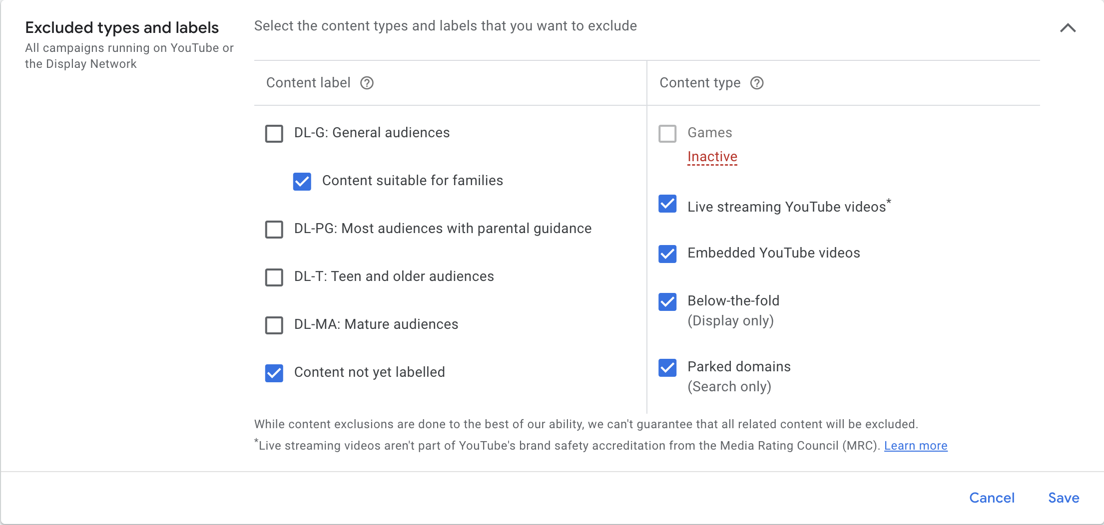 Recommended excluded types and labels settings in the Content Suitability settings.