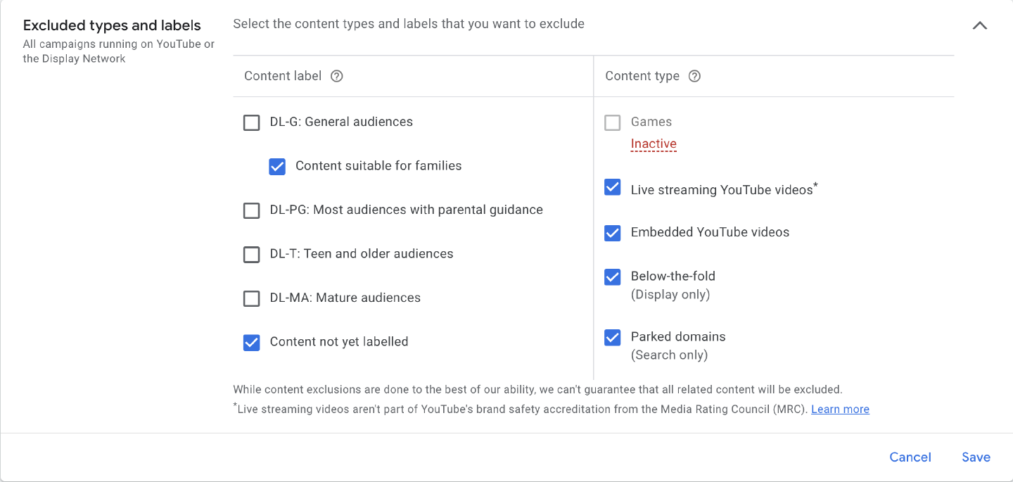 Recommended excluded types and labels settings in the Content Suitability settings.