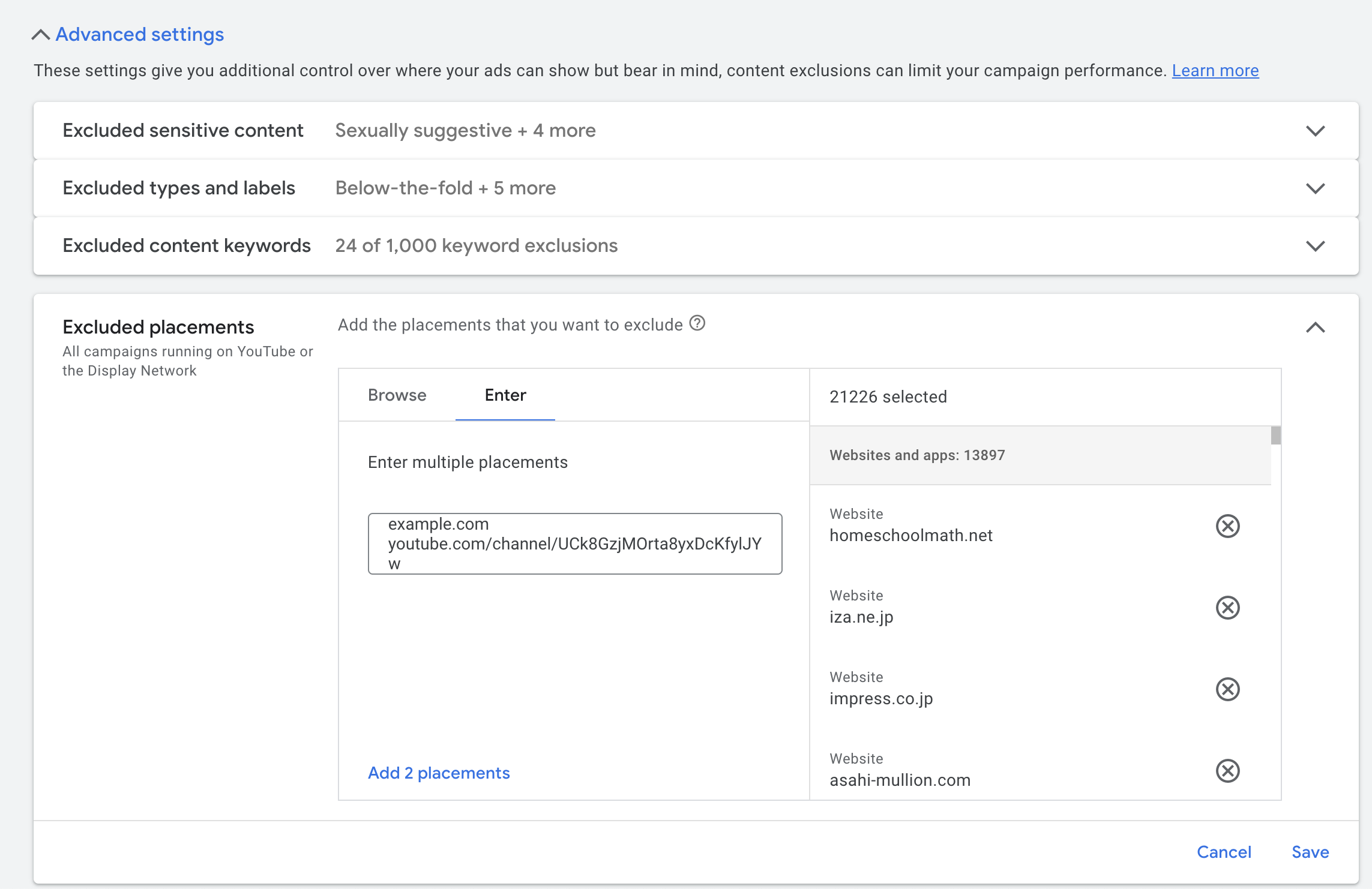 Adding the placement URLs into the placement exclusions.