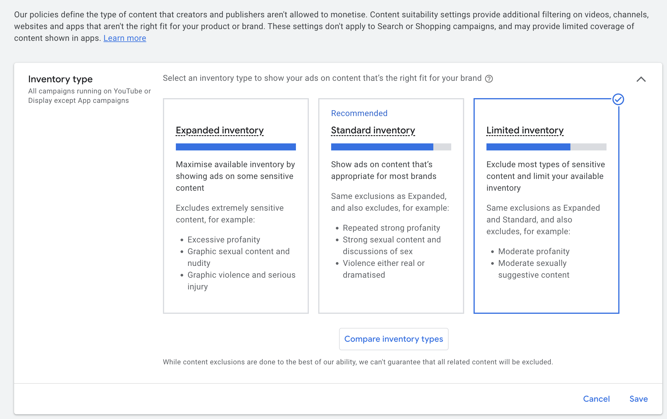 Limited inventory setting in Content Suitability in Google Ads.