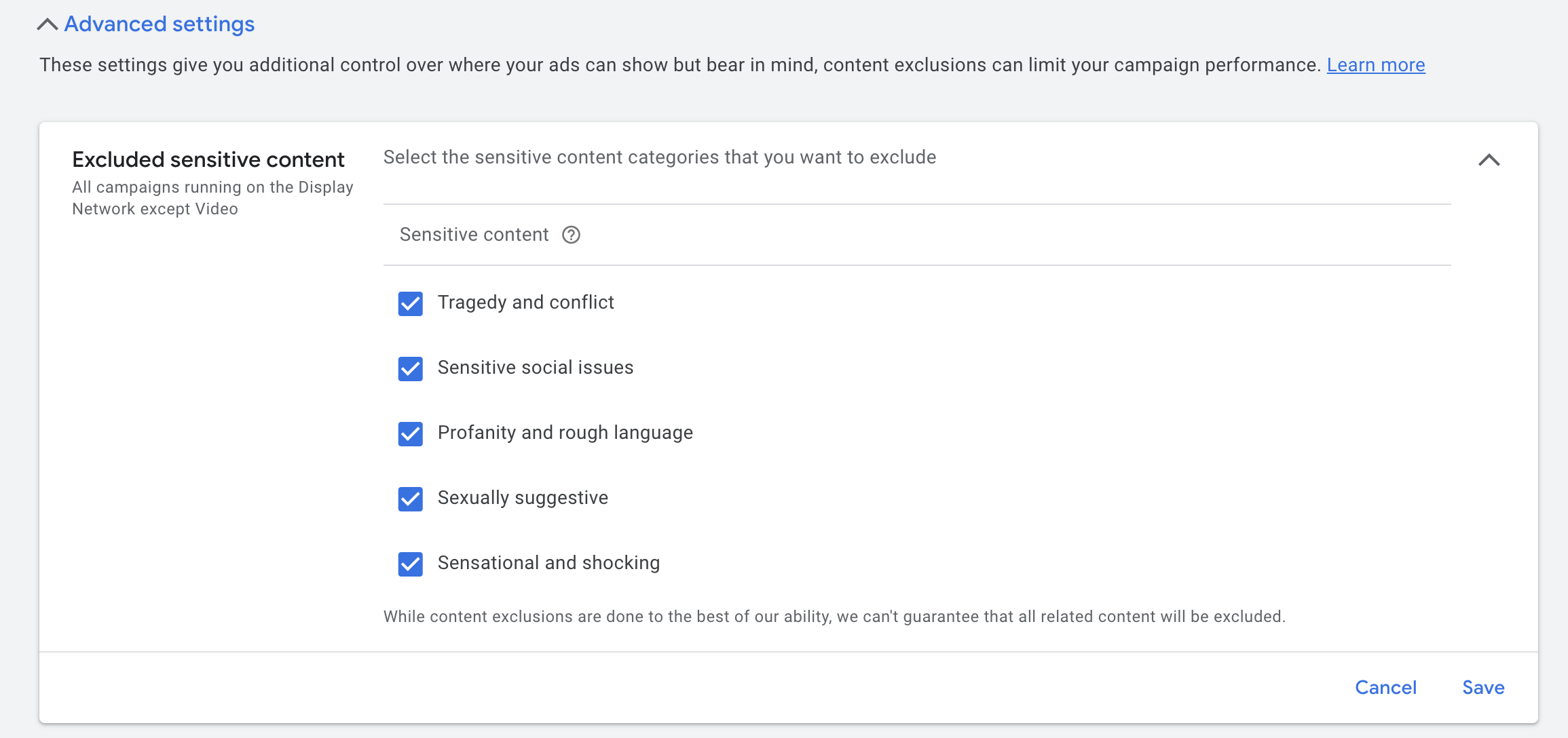 Sensitive topic settings in Content Suitability in Google Ads.