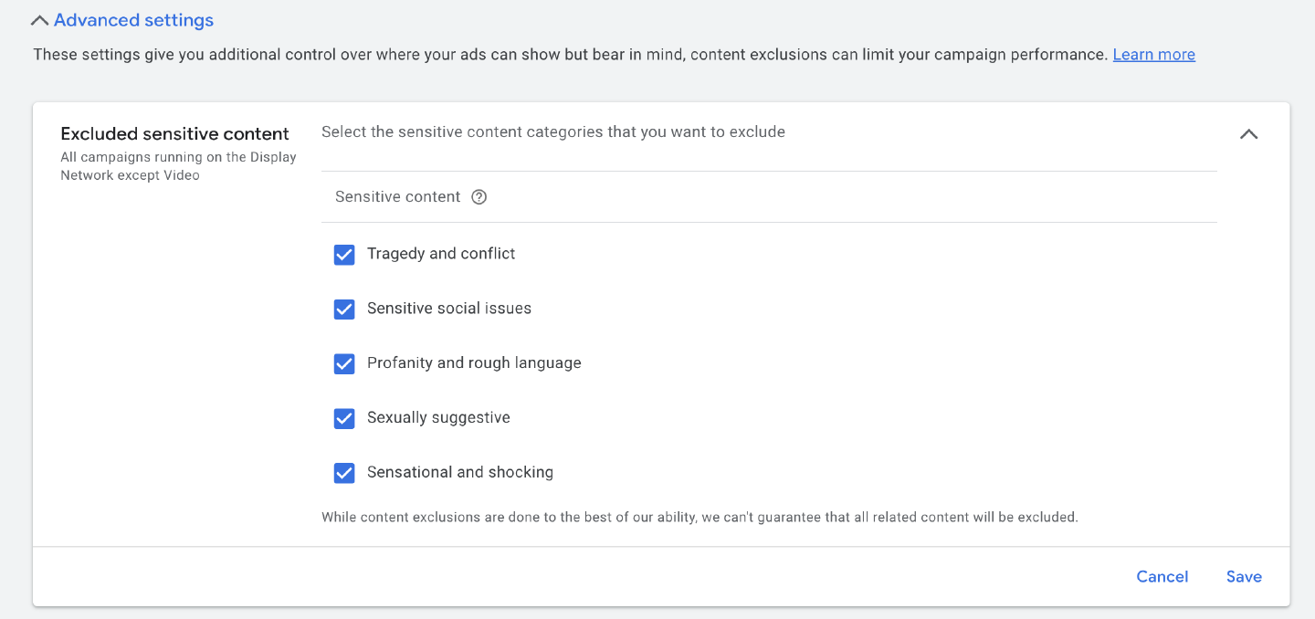 Sensitive topic settings in Content Suitability in Google Ads.