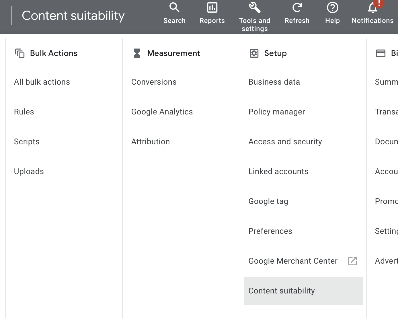 Where to access Content Suitability settings in Google Ads.